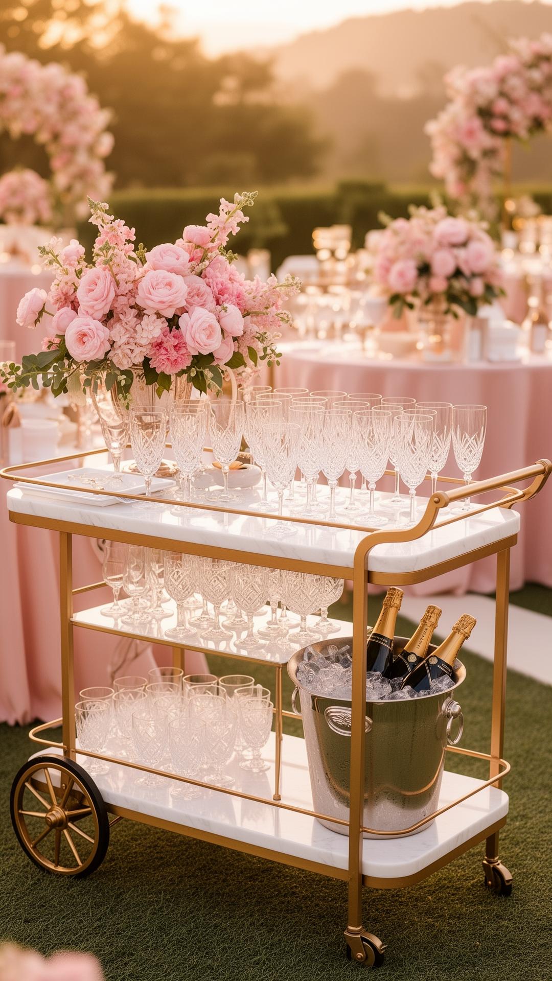 Elegant mobile bar cart with pink florals