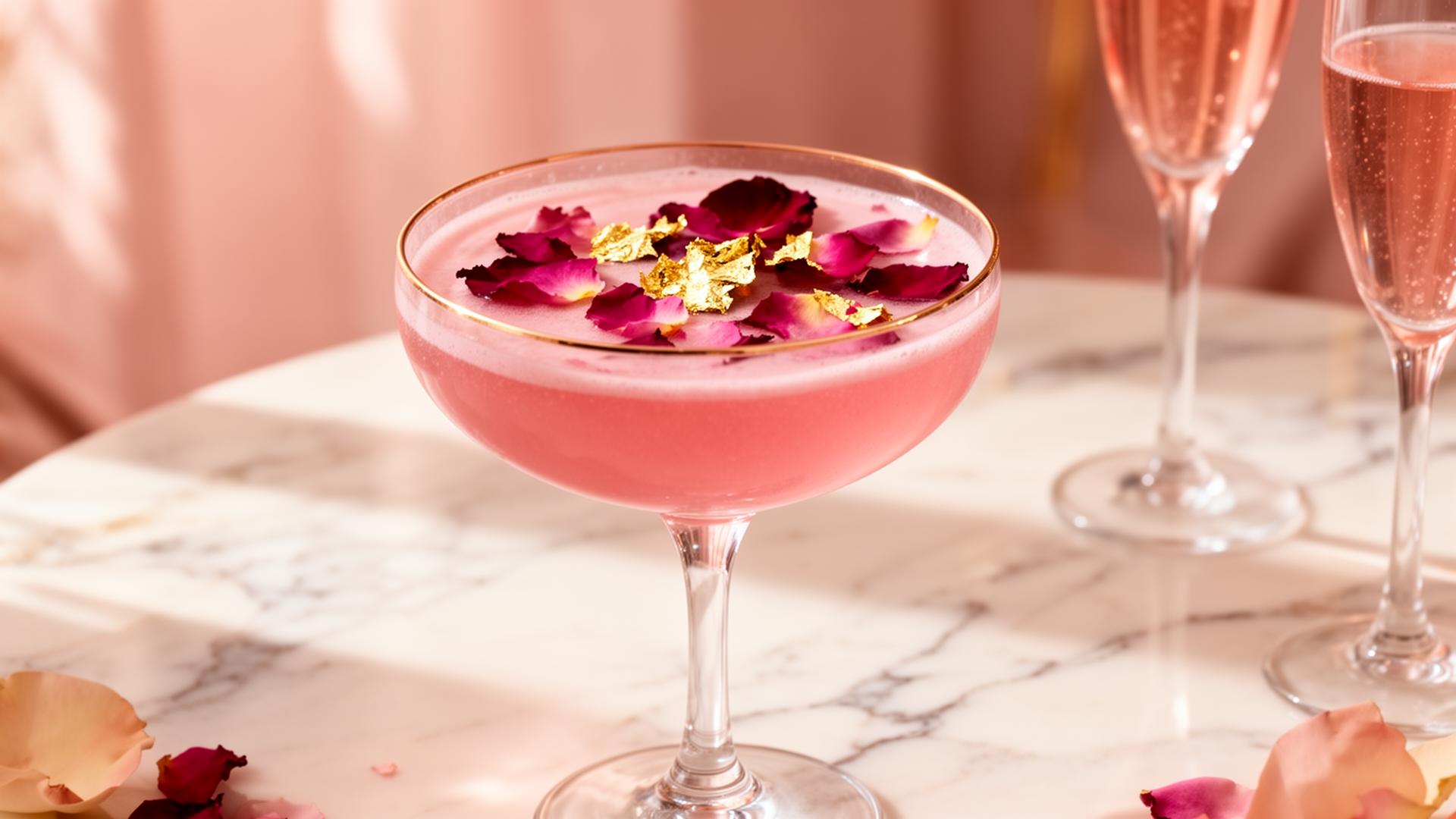Pink luxury cocktail with rose petals and gold leaf